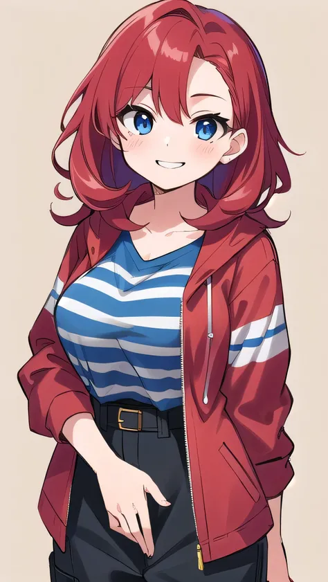 Big breasts, red hair, blue eyes, droopy eyes, red jacket, lsuper big breasts, (medium hair: 1.2), baggy clothes, young face, short height, 10 years old, shy，Agari, smiling a little,  soft hair，(straight hair:1.5)，childish clothes，striped shirt