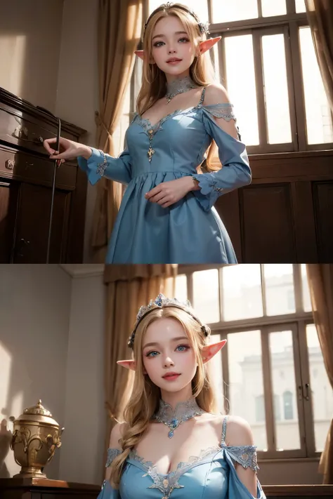 Elf,(8k, RAW Photos, highest quality, masterpiece:1.2),Super detailed,blonde,blue eyes,RPG,princess,smile,dress