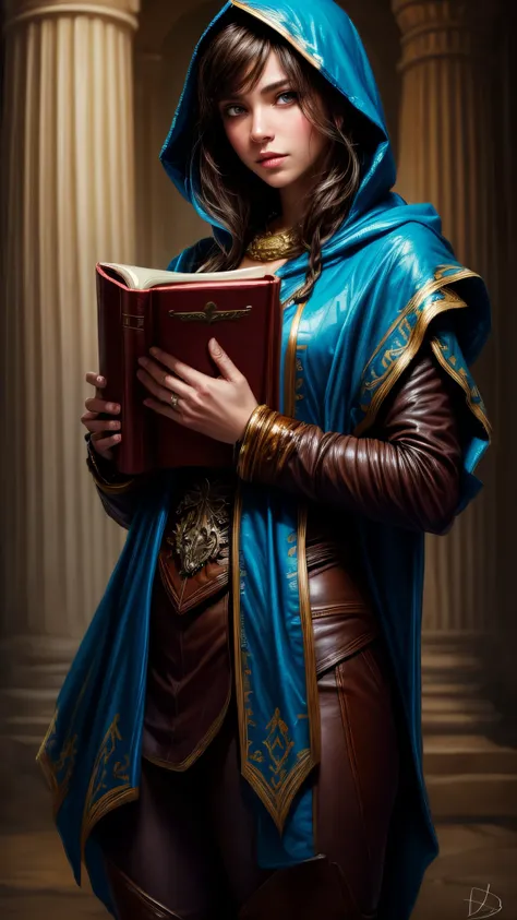 Speed painting of portrait of a fantasy female brunette human adventurer, with a blue hood, in a temple, D&D character, holding a large leather bound book with butterfly on the book cover