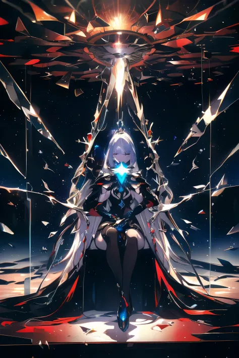  (((Galactic queen, Stellar gradient, planetary background, glowing stars)), 1girl, sitting, ((cosmic architecture)), (mystic eyes), (Flowing ethereal hair), (glowing aura), (Orbital armor), (stellar chandelier), ((orbital debris)), (astral projections), (...