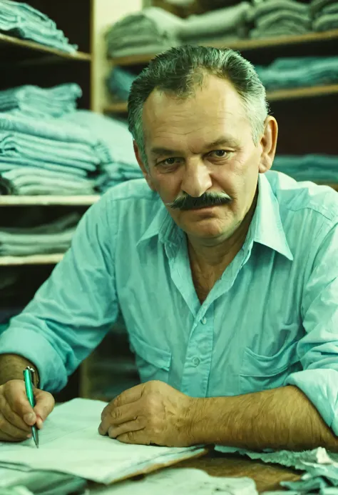 color photo. adult man, head of a garment factory in the USSR. Portrait photo in the office at the table. high detail