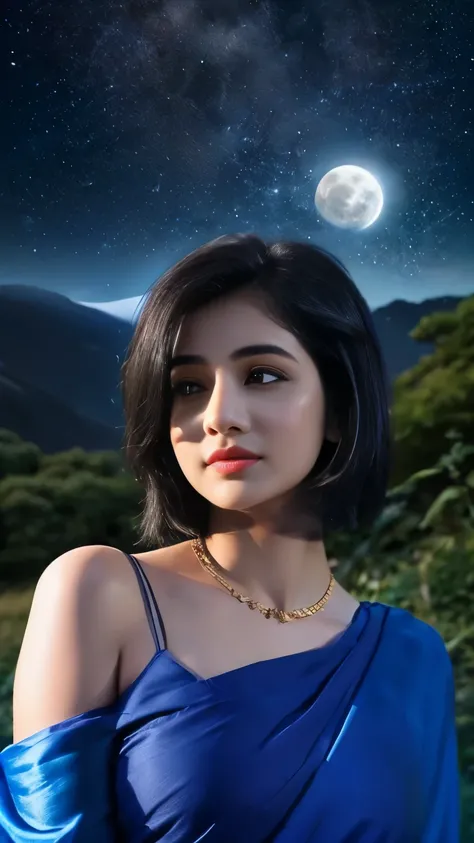 (((desi girl))), chubby face, natural skin, wearing hot deep neck top and dupatta, charming black hair, realistic night view, moon stars mountain background, bokeh