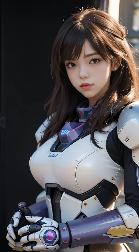 (RAW quality:1.4), masterpiece, Ultra HD Photos,, highest quality, Ultra-high resolution, Realistic, sunlight, whole bodyポートレート, Amazingly beautiful,, Dynamic pose, Delicate face, Vivid eyes, (Side view) Close-up of a woman in a pink and white Gundam costu...