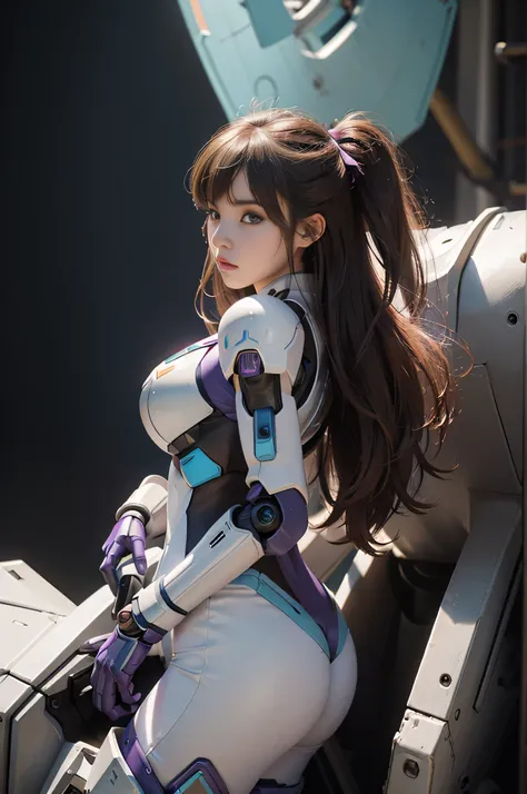 (RAW quality:1.4), masterpiece, Ultra HD Photos,, highest quality, Ultra-high resolution, Realistic, sunlight, whole bodyポートレート, Amazingly beautiful,, Dynamic pose, Delicate face, Vivid eyes, (Side view) Close-up of a woman in a pink and white Gundam costu...