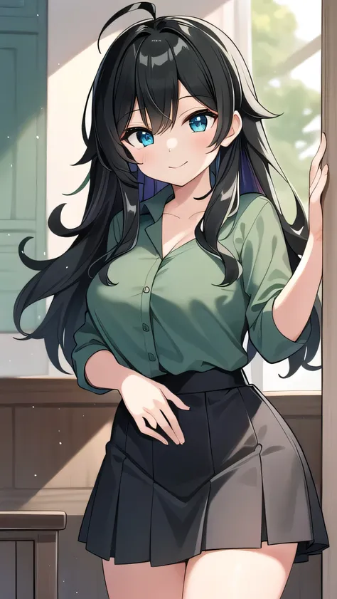 Junior high school student who looks like an elementary school student, 14 years old, very short, 140 cm tall, black hair with a slight green tinge, short ahoge, beautiful long hair but with a little hair sticking out, beautiful round eyes, blue eyes, smil...