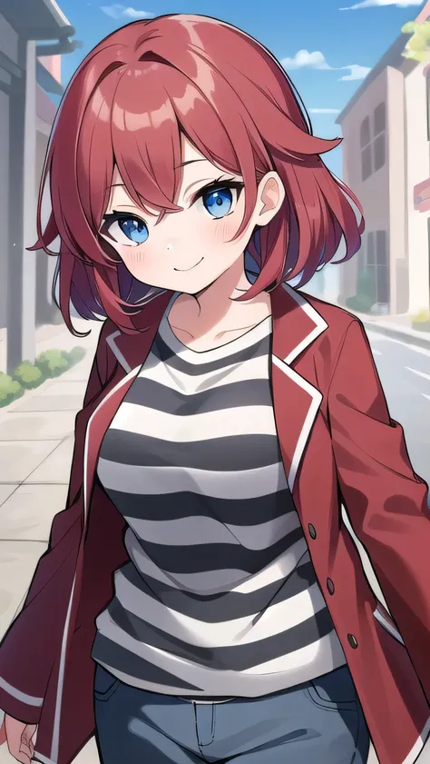 Big breasts, red hair, blue eyes, droopy eyes, red jacket, lsuper big breasts, (medium hair: 1.2), baggy clothes, young face, short height, 10 years old, shy，Agari, smiling a little,  soft hair，(straight hair:1.5)，childish clothes，striped shirt