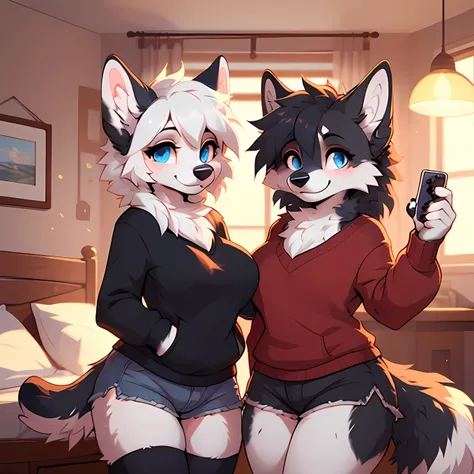 ((by reysi)), ((deailed blue eyes)), Best quality, super detailed illustration, warm colors, Ideal lighting, large breasts, wide hips, wearing large round glasses, (a duo of Fluffy girls Posing for a picture together dog:1.6), (Black fur:1.5) ,cute face, d...