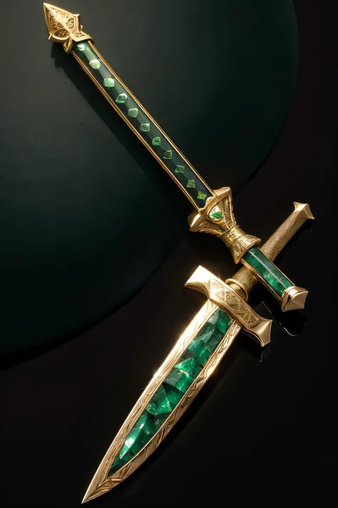 "Create a highly detailed image of a long sword with a polished steel blade, a handle intricately wrapped with dark green leather strips, a golden hilt adorned with reptilian motifs, and a central, oval-shaped emerald reptilian eye with a black slit pupil,...