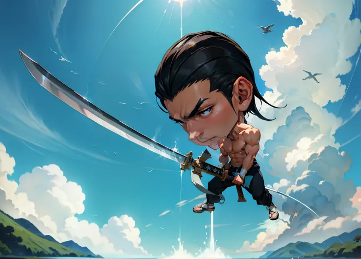 1boy, 26 years old, serious face, black hair, long hair, muscular, shirtless, ((black long pants)), holding giant sword, blue sk...