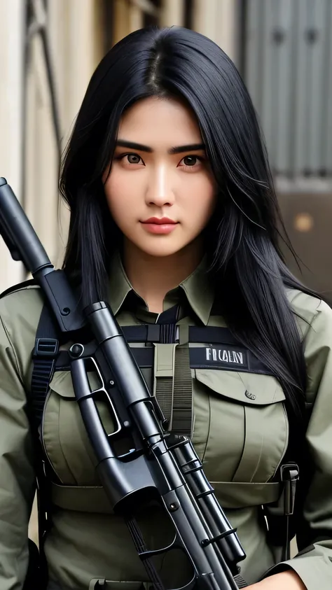  face , black hair, holding a machine gun,look at front