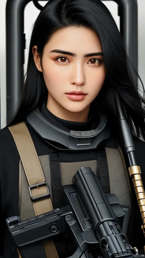  face , black hair, holding a machine gun,look at front