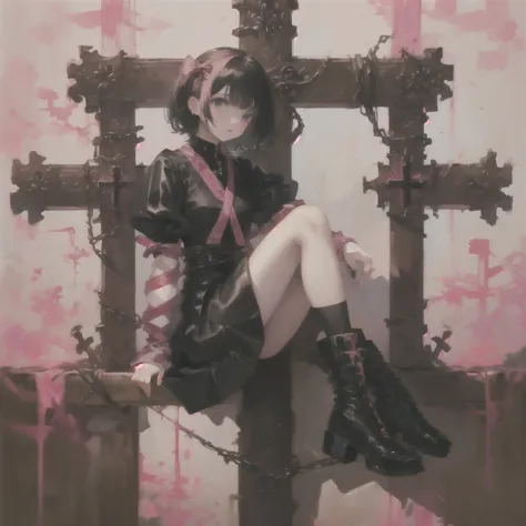 xuer the cross,1girl,solo,black hair,black footwear,ribbon,dress,looking at viewer,sitting,shoes,pink dress,realistic,pink ribbo...