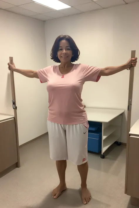 1 mulher, 40 anos, levemente acima do peso, standing, arms wide open, cotovelos retos, tronco ereto, feet shoulder-width apart, roupa de treino, rosa, rehabilitation room.