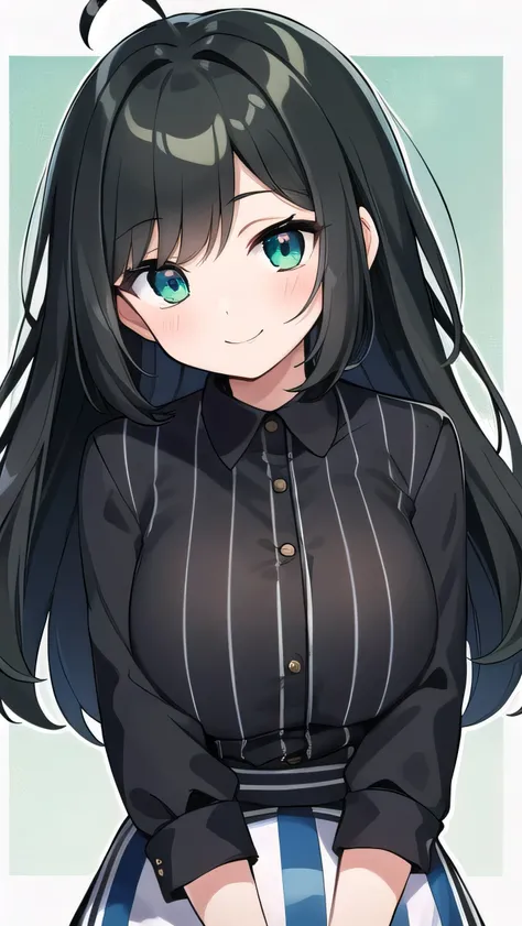 Junior high school student who looks like an elementary school student, 14 years old, very short, 140 cm tall, black hair with a slight green tinge, short ahoge, beautiful long hair but with a little hair sticking out, beautiful round eyes, blue eyes, smil...