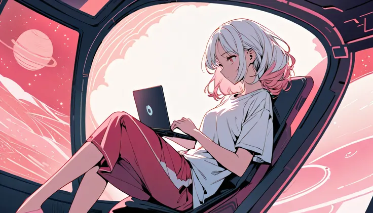 Create a digital anime illustration in rosy hues, featuring a beautiful woman with long white hair sitting inside a spaceship journeying through the cosmos. Her graceful posture exudes nonchalance, with one leg casually crossed over the control panel and a...