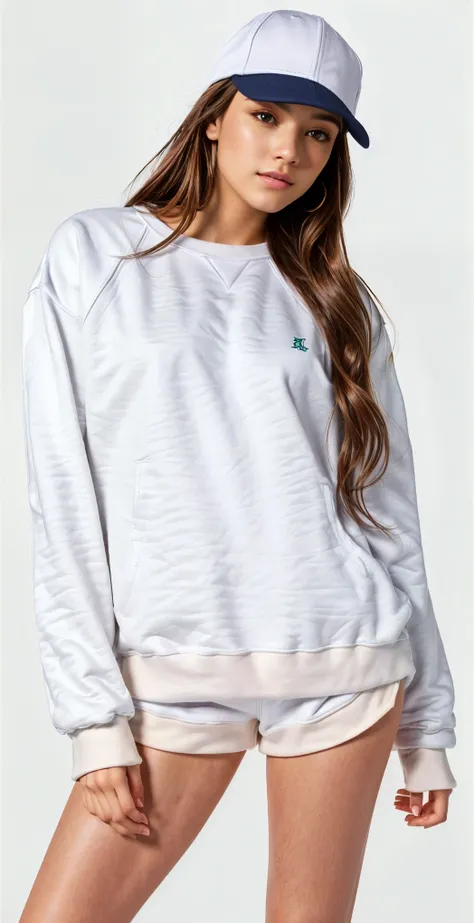 a woman wearing a white sweatshirt and shorts with a baseball cap, vestindo moletom, light cinza, designed for a cozy aesthetic!, cinza sweater, cinza, solid gray, moleton branco, moleton liso, moleton passado, Roupa casual, Roupas detalhadas, superdimensi...