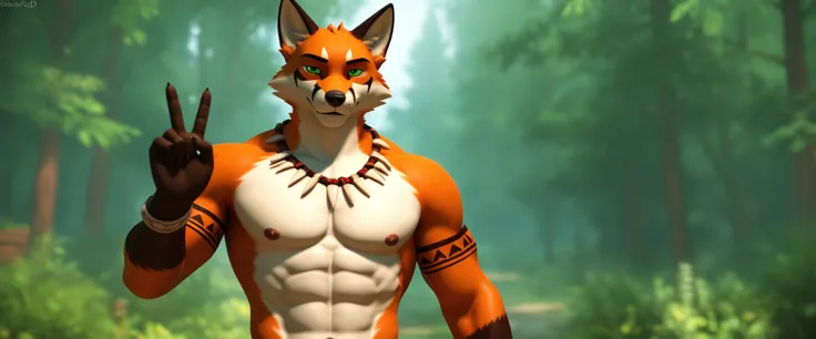 score_9, score_8_up, score_7_up, rating_safe,source_furry,anthro,source_3D, A cinematic and ultra realistic illustration of a fox character Adult muscular male Alone in the forest looking at the viewer A handsome Indian in tribal clothes and tribal tattoos...