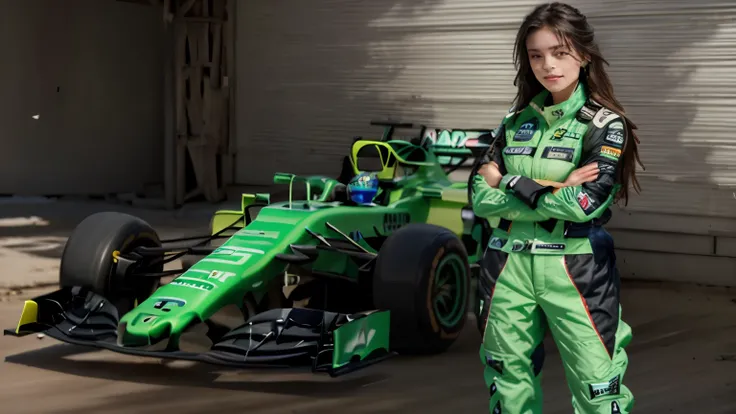 mulher jovem com equipamento de corrida ao lado de um carro de corrida, vestindo terno verde, carro de corrida, Tiro Corporal, lindo alfaiate de jade feminino, mulher Japonesa,piloto de f1, vestindo jaqueta verde, foto de perfil, foto ainda, photoshoot