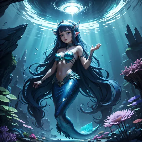 masterpiece,best quality,ultra detailed,anime style,Within the depths of an enchanted cavern,a mermaid girl with bioluminescent scales forms an unlikely alliance with a curious jellyfish companion. Together,they explore the mysterious underwater world,reve...