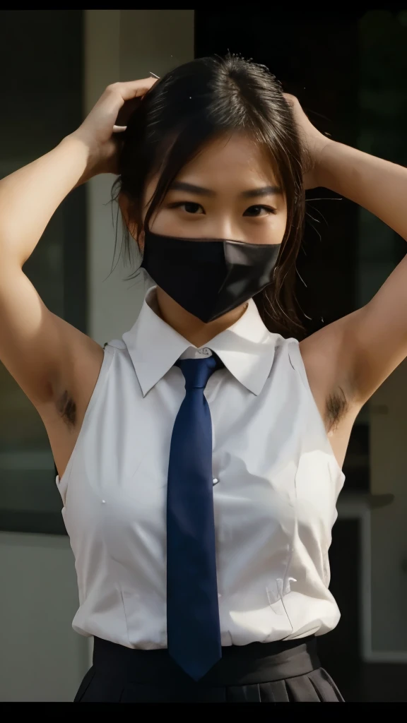 asian girl, white formal collared sleeveless shirt, hands up