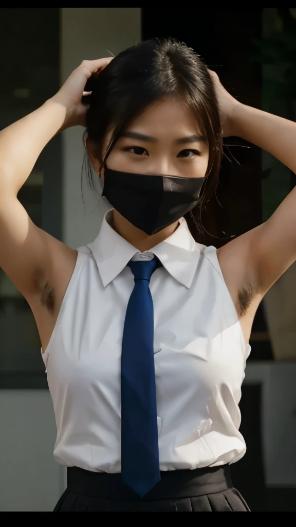 asian girl, white formal collared sleeveless shirt, hands up