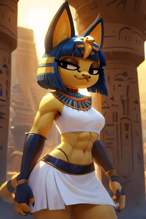 (((masterpiece))), (((best quality))), (((detailed))), ((4k)), trending on artstation, ((furry)), anthro style, furry style, a digital artwork of a sexy Ankha with abs wearing a crop top of her white sleeveless dress with long white skirt, a bare midriff, ...
