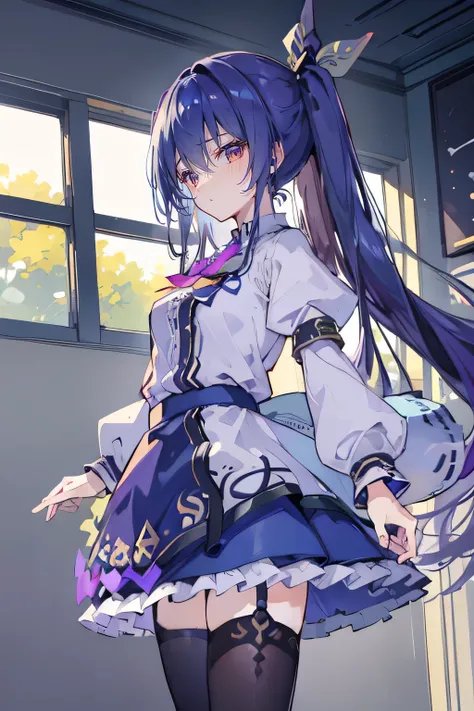 (best quality:1.3), (masterpiece:1.3), (illustration:1.3), (ultra-detailed:1.3), (imid shot:0.9), 1girl, medium breasts, purple eyes, (((dark blue hair))), hair ornaments, young, outfit-gladiia, long hair, dark blue hair, indoors, black shorts, thigh-highs...