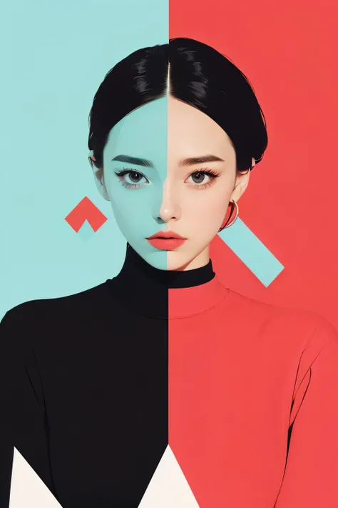 absurd, high quality, very detailed, (1 woman:1.3), cute rest
, color blocking, bold contrast, geometric shapes, Flat color, Minimalist design, Contemporary Aesthetics, striking visual