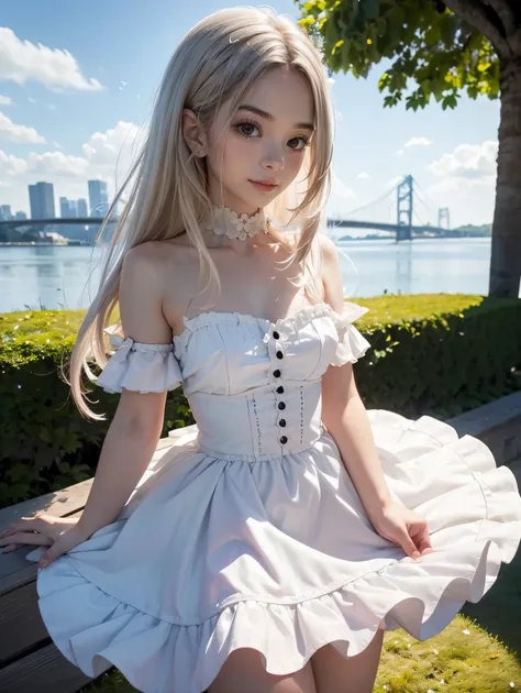 the background is a city, perfect white-haired girl, loli in dress, white-haired, white-haired god, cute anime waifu in beautifu...