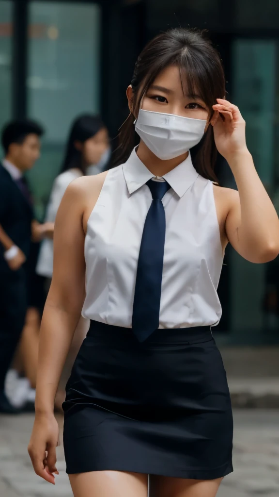 asian girl, white formal collared sleeveless shirt