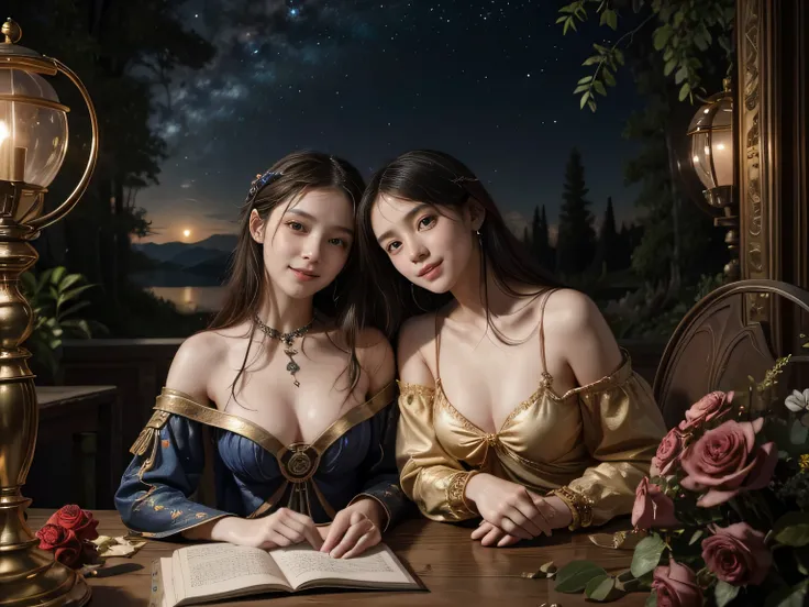 Giorgione painting style,Arguments of two female Philosophe,math、astronomical machine、astronaut、roses in vase、fruits、Cute trinkets、smile、ancient greek costume、Background is a forest lake at night 、Clothes that stretch your shoulders、A big smile、beautiful b...