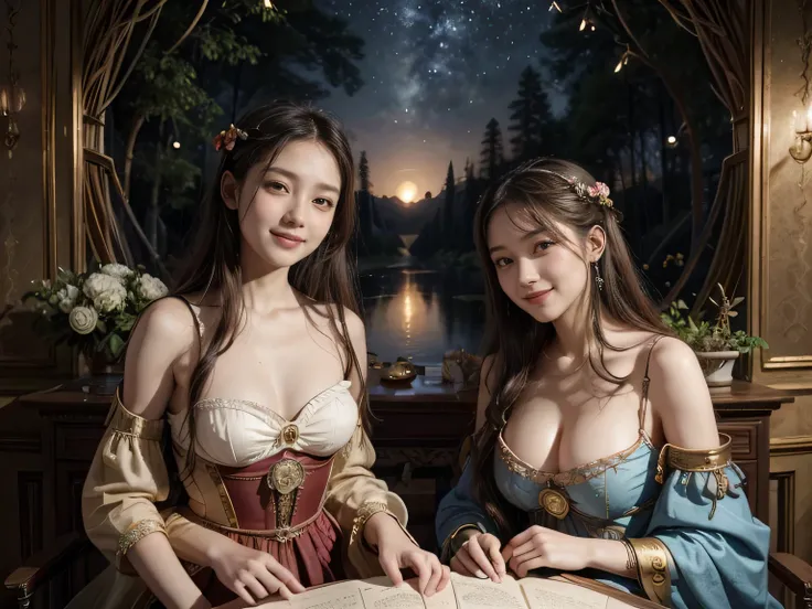 Giorgione painting style,Arguments of two female Philosophe,math、astronomical machine、astronaut、roses in vase、fruits、Cute trinkets、smile、ancient greek costume、Background is a forest lake at night 、Clothes that stretch your shoulders、A big smile、beautiful b...