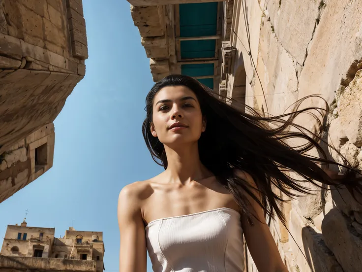 (sofiax, m0nic4, matera), a woman walking, hands holding hair, shot from below, camera way under woman, dominant pose. shot from...