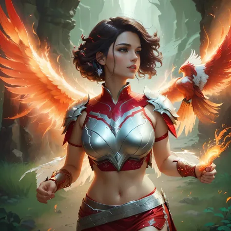 a close up of a woman in a red and white outfit with wings, phoenix warrior, epic fantasy digital art style, as a mystical valkyrie, epic fantasy art style, alena aenami and artgerm, she has fire powers, 4k fantasy art, epic fantasy art style hd, avian war...