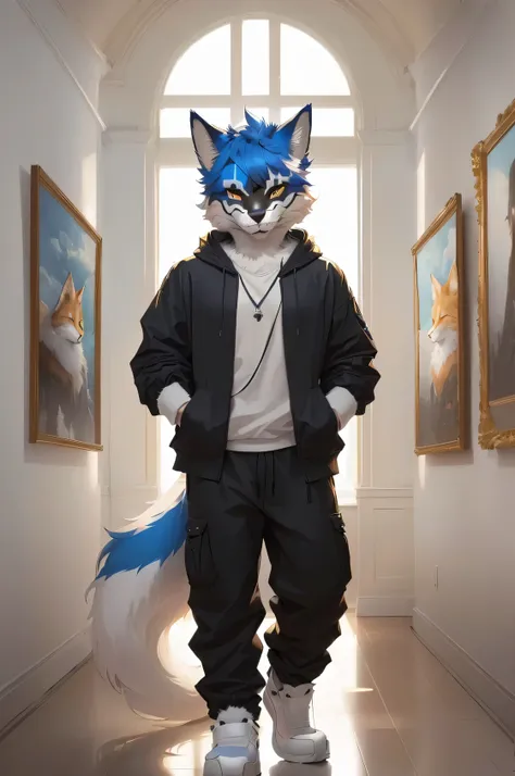 A man wearing a cat mask stands in the corridor, fursona wearing fashionable clothes, pov Furry art, Furry art, Human Art, very very beautiful Furry art, Furry artist, Short full-body portrait!, Total commission, human fox, Furry art!!!, 8k high quality de...