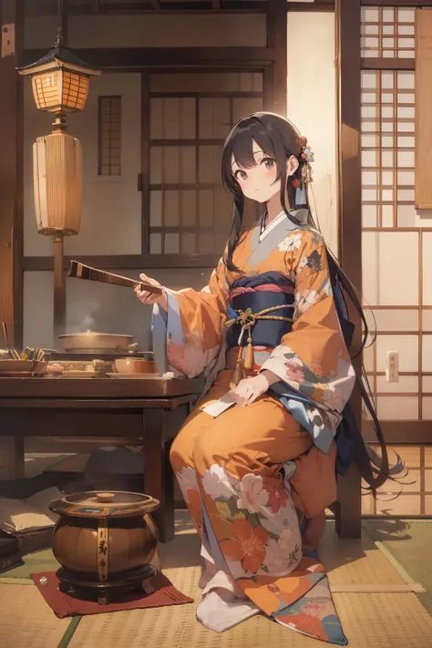 A 24-year-old woman playing traditional Japanese instruments. She has long, dark hair and is wearing a beautiful kimono. She is sitting gracefully with a koto in front of her, a shakuhachi beside her, and a shamisen resting nearby. The setting is serene, p...