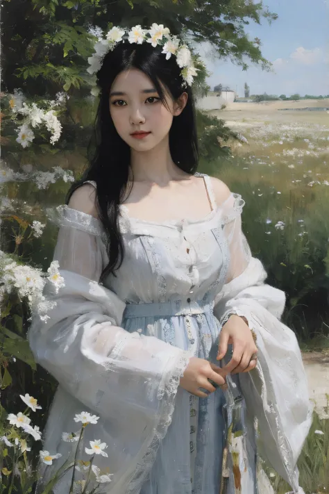 (painting:1.5),  One with black hair、Woman with white flowers in her hair lies in a field of white flowers, (Amy Saul:0.248), (Liu Stanley:0.106), (a detailed painting:0.353), (gothic art:0.106)