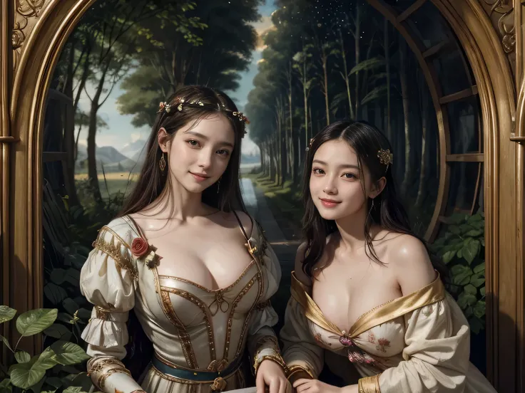 Giorgione painting style,Arguments of two female Philosophe,math、astronomical machine、astronaut、roses in vase、fruits、Cute trinkets、smile、ancient greek costume、Background is a forest lake at night 、Clothes that stretch your shoulders、A big smile、beautiful b...