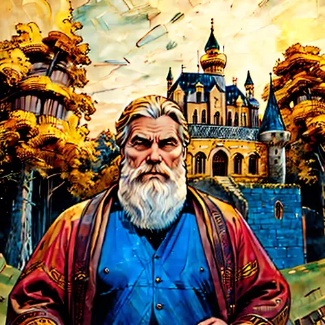 king dante, tall, blond man, young middle-aged man, with a medium, well-groomed beard, in front of his huge and luxurious castle