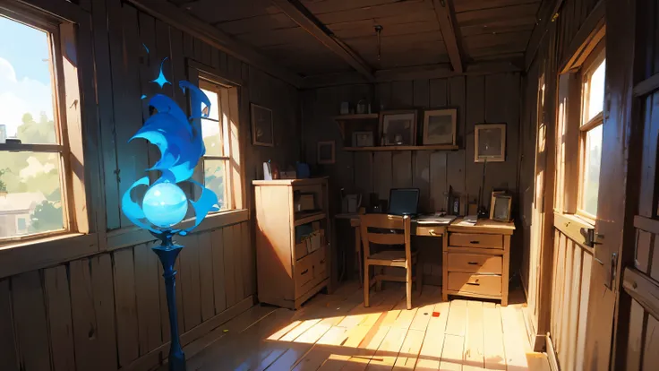 blue magic staff on a table in a shack