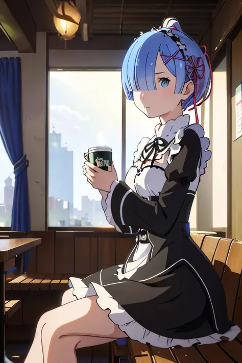 Rem de Re:Zero, Mid-intense Lighting, Ultra-detail, Detailed Facial Expressions, Detailed Eyes, High-resolution, High-quality Illustration, Extremely Delicate and Captivating, High-resolution Details, Full-body View, Legs Crossed, (Character Age: 17, Male)...