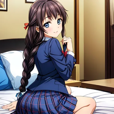 (highest quality, masterpiece:1.2), highest quality, High resolution, 1080p, 8K, Height: 158cm, High-definition anime-style CG, ((The game heroine is a very intelligent, very noble, pretty and elegant beautiful girl sitting on the bed.、Looking back and smi...