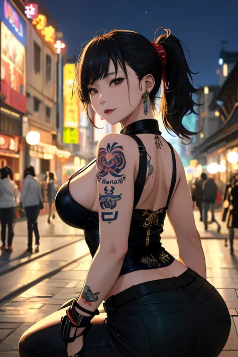 Korean gangster girl, (38 years old), in the city square, night, tattoo, ponytail, happy expression, (from bottom view), (masterpiece, best quality, extremely detailed, hyper realistic) 