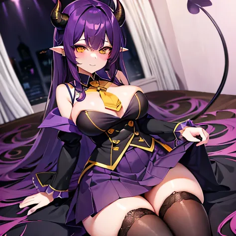 demon, violet horns, big breasted, dark purple short skirt, dark violet haired, long haired, dress, yellow eyes, stockings, tail, lustful, full view, yellow colar, heart eyes