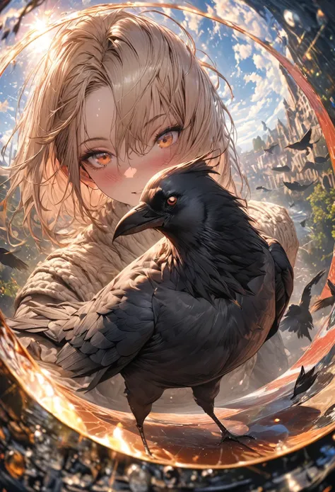 Crow, masterpiece, best quality, insanely detailed, Full-HD, 16K, absurdres, dynamic angle, gigantic scale, golden ratio, lens flare, pinhole camera, fish-eye lens, in focus with blurred background