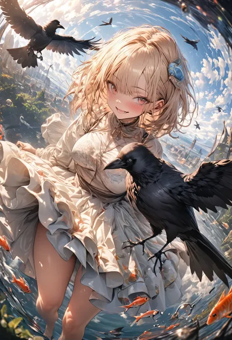 Crow, masterpiece, best quality, insanely detailed, Full-HD, 16K, absurdres, dynamic angle, gigantic scale, golden ratio, lens flare, pinhole camera, fish-eye lens, in focus with blurred background