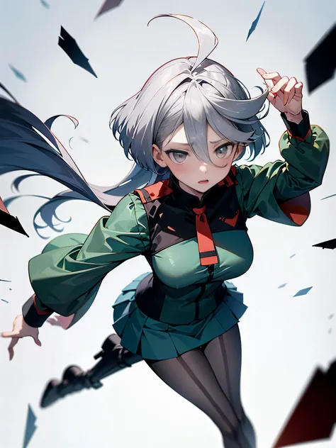 NSFW,(One girl:1.5),miorine1、miorine rembran、Asticasia uniform、solo、Long Hair、Grey Eyes、Grey Hair、Ahoge、Seamed legwear、green micro mini skirt、tie、bangs、Hair between the eyes、Black Pantyhose、Long sleeve、Green jacket、Floating Hair、赤いtie,(Perfect hands),(Perf...