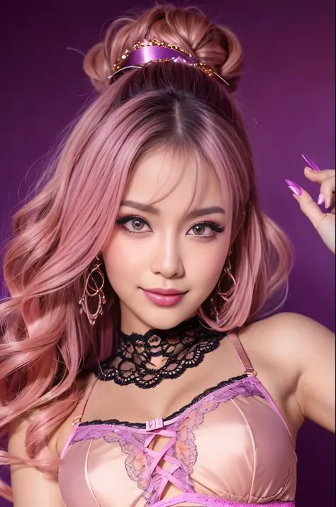 ultra realistic girl, smiling face, orange and pink ombre background, closeup, lip-gloss, long lashes, lipstick, defined eyebrows, ultra detailed metallic eye-makeup, halloween, goth, gyaru, purple flowing hair, garter belt, cute lack lace underwear, sweet...