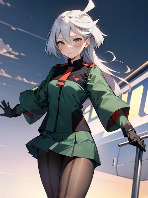 NSFW,(One girl:1.5),miorine1、miorine rembran、Asticasia uniform、solo、Long Hair、Grey Eyes、Grey Hair、Ahoge、Seamed legwear、green micro mini skirt、tie、bangs、Hair between the eyes、Black Pantyhose、Long sleeve、Green jacket、Floating Hair、赤いtie,(Perfect hands),(Perf...