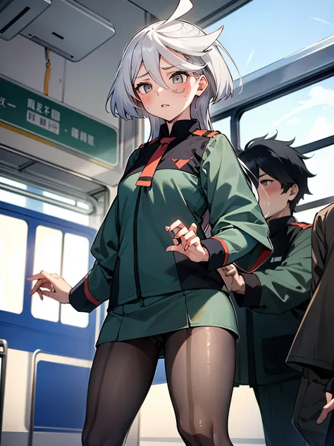 NSFW,(One girl:1.5),miorine1、miorine rembran、Asticasia uniform、solo、Long Hair、Grey Eyes、Grey Hair、Ahoge、Seamed legwear、green micro mini skirt、tie、bangs、Hair between the eyes、Black Pantyhose、Long sleeve、Green jacket、Floating Hair、赤いtie,(Perfect hands),(Perf...